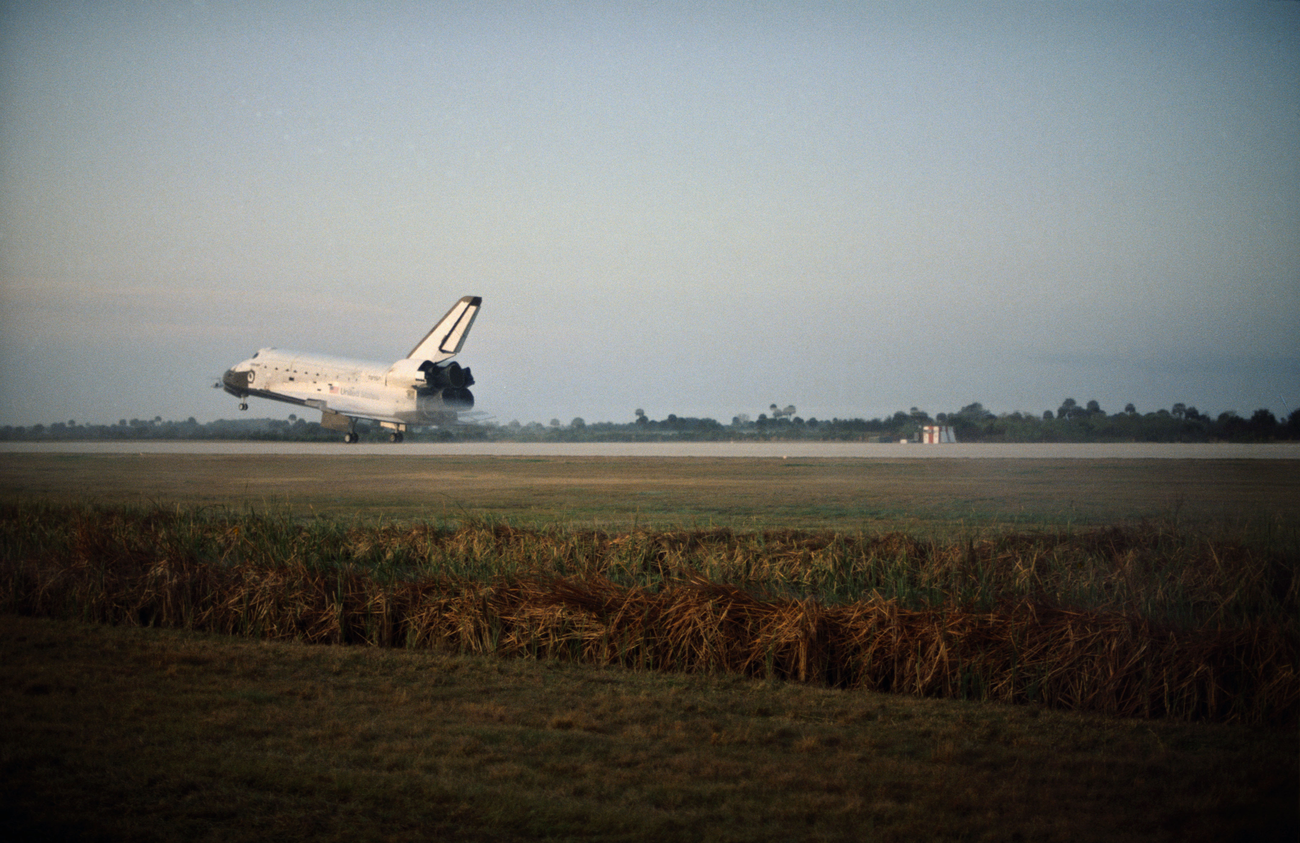 Space shuttle Challenger rolls down the Shuttle Landing Facility (SLF) at NASA's Kennedy Space Center (KSC) in Florida