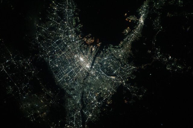 iss062e096108 (March 15, 2020) --- The bright lights of Osaka, Japan, on Osaka Bay were pictured from the International Space Station during an orbital night pass 259 miles above the island nation.