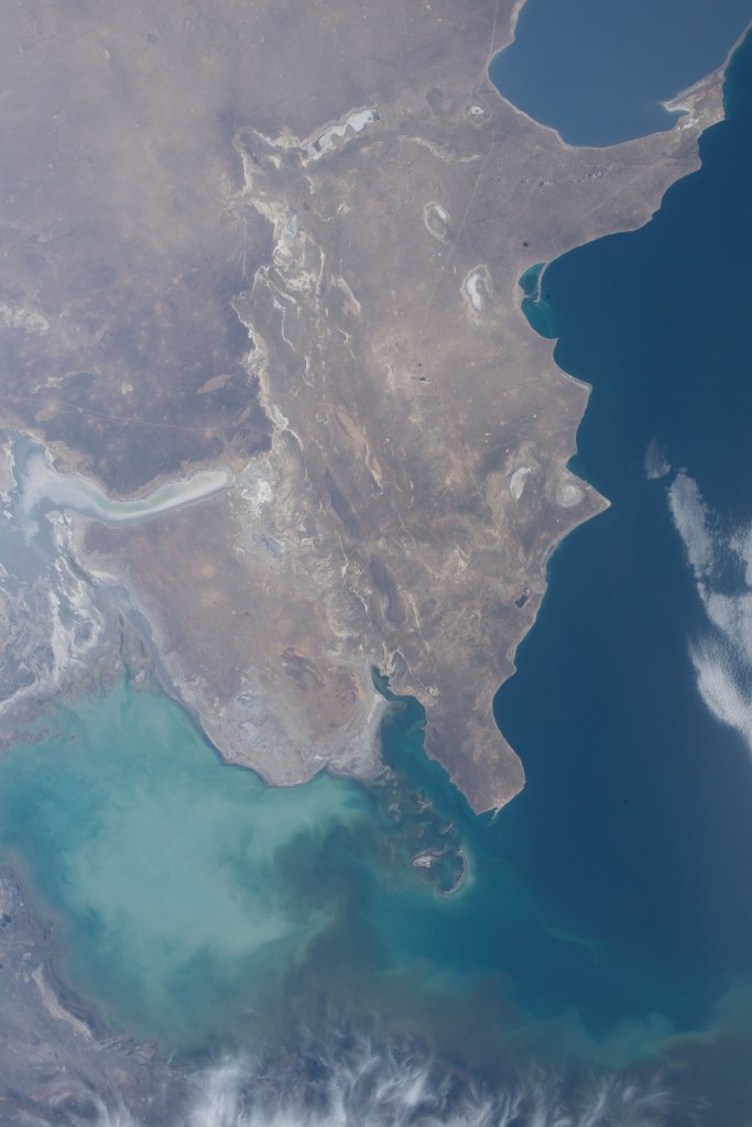 An Expedition 55 crew member aboard the International Space Station photographed the Caspian Sea and the western coast of Kazakhstan.
