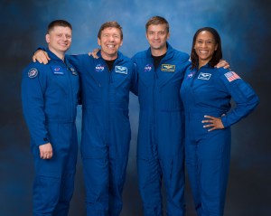 The four crew members representing the SpaceX Crew-8 mission to the International Space Station pose for an official portrait at the Johnson Space Center in Houston, Texas. From left, are Mission Specialist Aleksandr Grebenkin from Roscosmos, and Pilot Michael Barratt, Commander Matthew Dominick, and Mission Specialist Jeanette Epps, all from NASA.