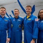 The four crew members that comprise the SpaceX Crew-8 mission pose for a photo inside SpaceX Hangar X at the Kennedy Space Center in Florida. Hangar X supports Falcon 9 rocket refurbishment and houses administration offices. From left are, Mission Specialist Alexander Grebenkin, Pilot Michael Barratt, Commander Matthew Dominick, and Mission Specialist Jeanette Epps.