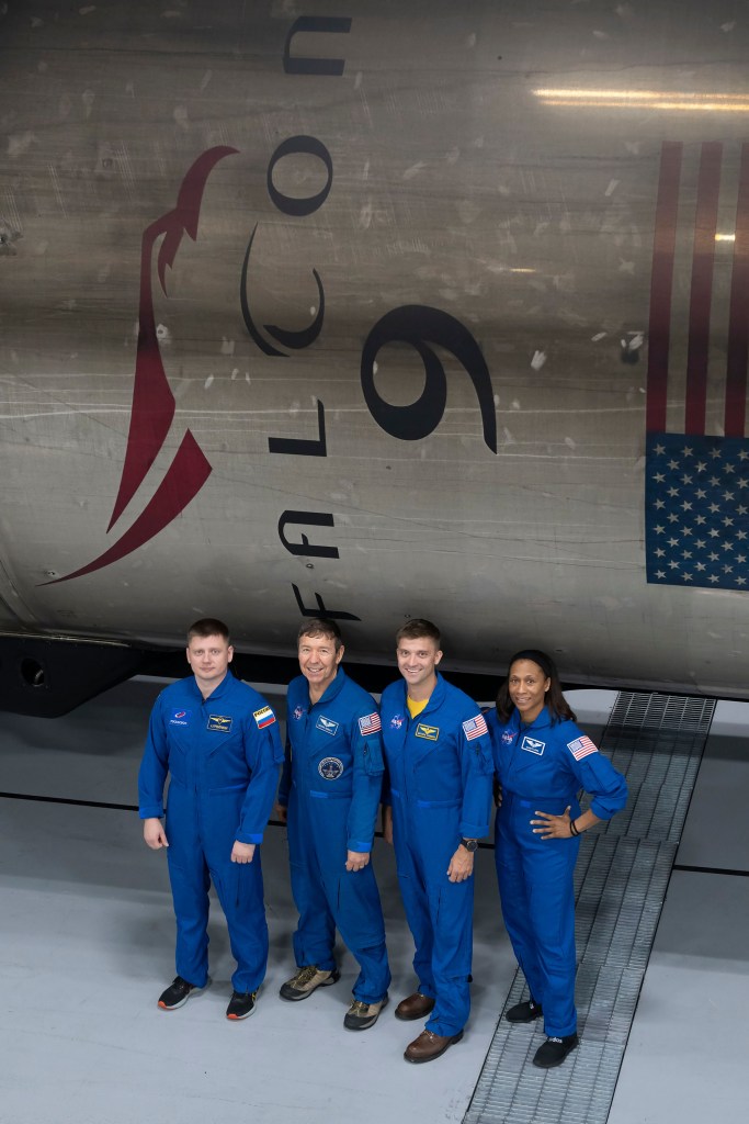 The four crew members that comprise the SpaceX Crew-8 mission pose for a photo inside SpaceX Hangar X at the Kennedy Space Center in Florida. Hangar X supports Falcon 9 rocket refurbishment and houses administration offices. From left are, Mission Specialist Alexander Grebenkin, Pilot Michael Barratt, Commander Matthew Dominick, and Mission Specialist Jeanette Epps.