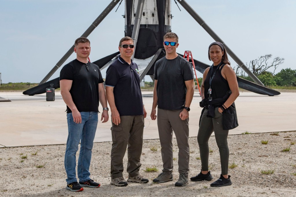 The four crew members that comprise the SpaceX Crew-8 mission pose for a photo during a training session at the Kennedy Space in Florida. From left are, Mission Specialist Alexander Grebenkin, Pilot Michael Barratt, Commander Matthew Dominick, and Mission Specialist Jeanette Epps.
