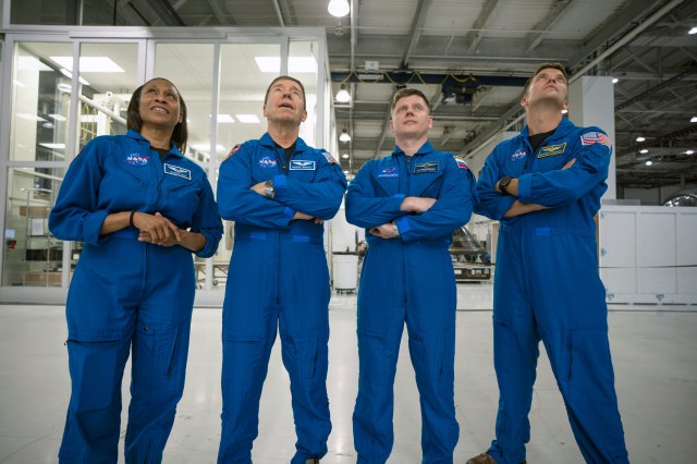The four SpaceX Crew-8 crew members (from left) Jeanette Epps and Michael Barratt, both NASA astronauts; Alexander Grebenkin from Roscosmos; and Matthew Dominick from NASA; are pictured during a training session at SpaceX headquarters in Hawthorne, California.