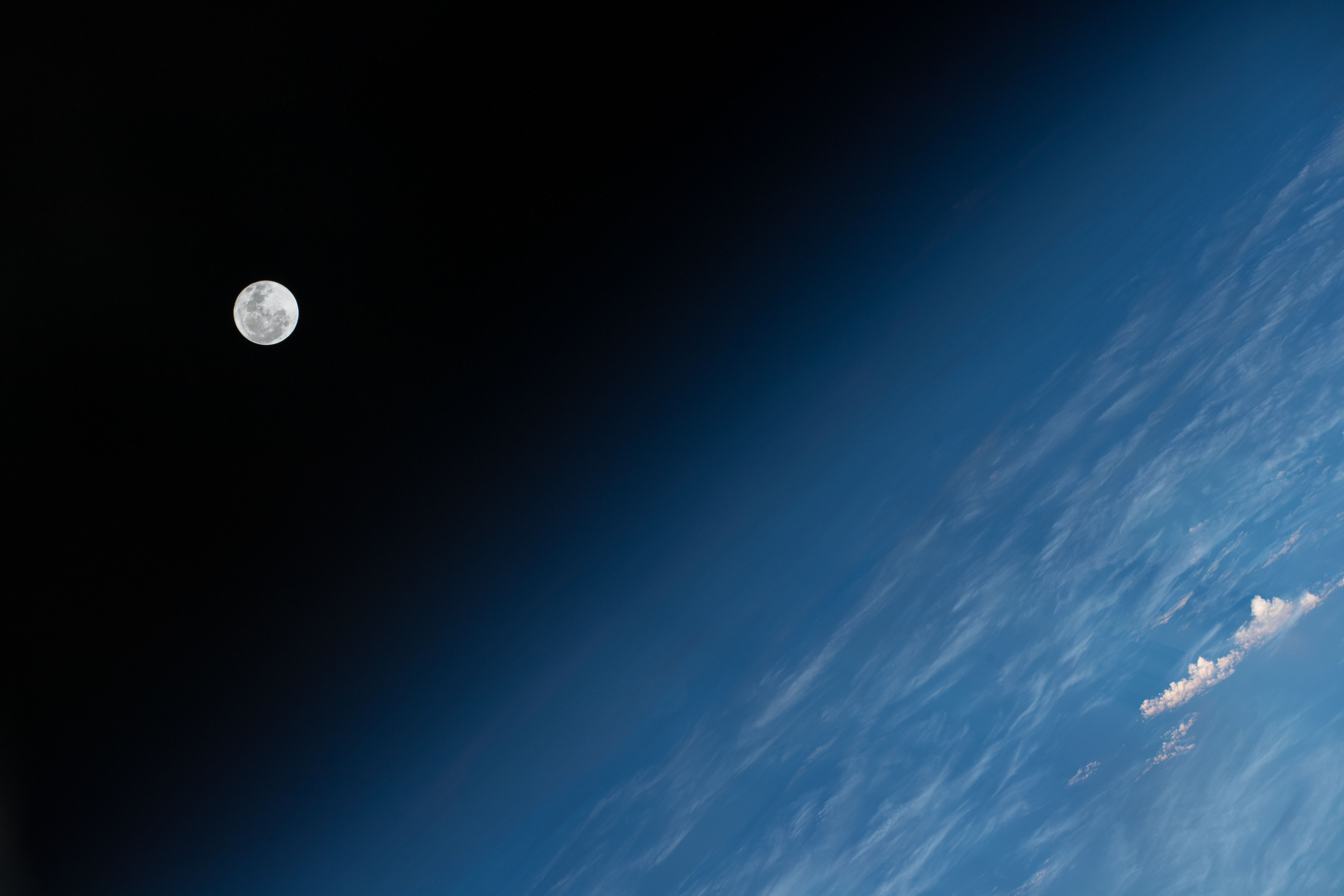 The Full Moon is pictured by an Expedition 57 crew member as the International Space Station orbited 251 miles above the Andaman and Nicobar Islands, territories of India, in the bay of Bengal.
