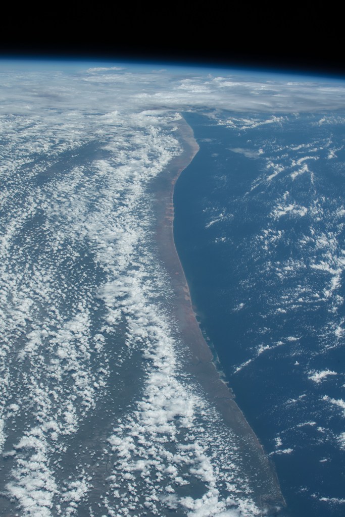 The Indian Ocean coastline of Kenya and Somalia is pictured as the International Space Station orbited 253 miles above the African continent.
