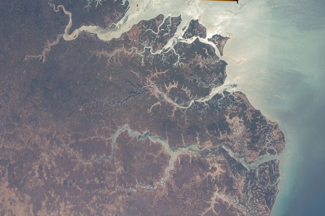 iss062e137037 (April 6, 2020) --- The Rio Geba, pictured from the International Space Station, in the west African nation of Guinea-Bissau leads to the Atlantic Ocean.