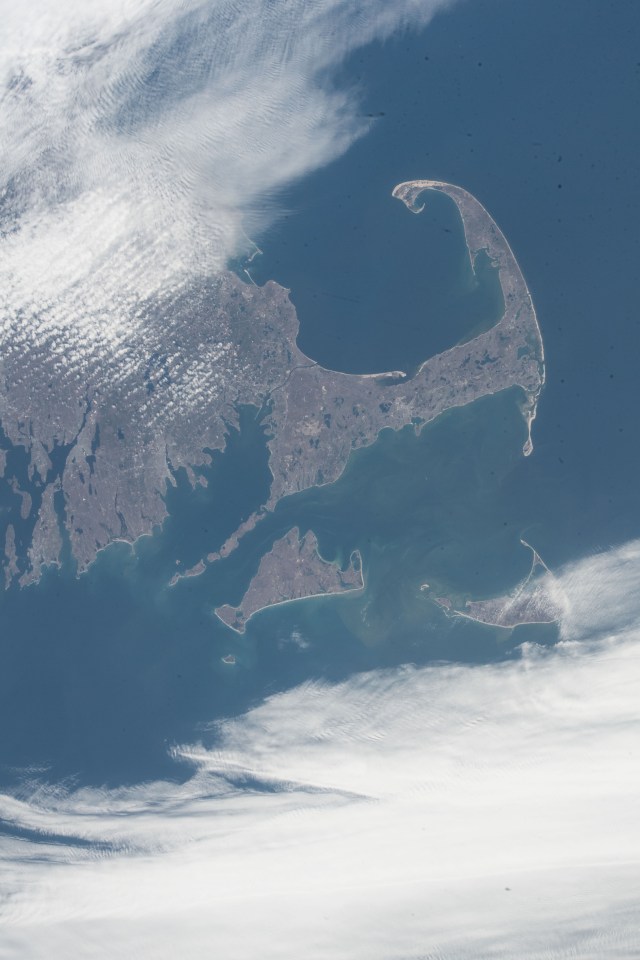 The southeast geography of the state of Massachusetts including Cape Cod Bay, Martha's Vineyard, Nantucket and the arm-shaped peninsula is clearly seen from the International Space Station as it orbited over the Atlantic coast of the United States.