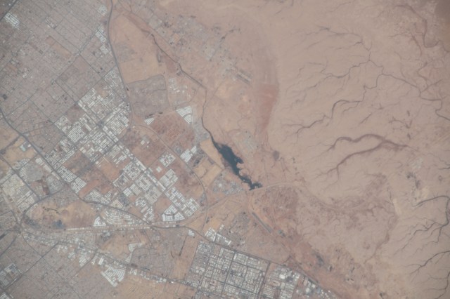 The southwest portion of the city of Riyadh and a body of water were pictured as the International Space Station orbited above the desert nation of Saudi Arabia.