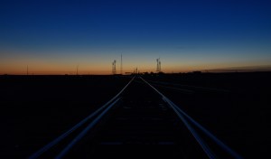 The Soyuz launch pad is seen in the twilight hour before the Soyuz TM-10 is rolled out by train, Tuesday, Oct. 9, 2018 at the Baikonur Cosmodrome in Kazakhstan. Expedition 57 crewmembers Nick Hague of NASA and Alexey Ovchinin of Roscosmos are scheduled to launch on October 11 and will spend the next six months living and working aboard the International Space Station.