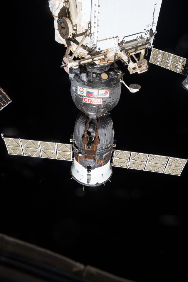 The Soyuz MS-07 spacecraft that launched three Expedition 54-55 crew members to the International Space Station on Dec. 17, 2017 is pictured docked to the Rassvet module.