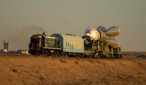 The Soyuz rocket is rolled out by train to the launch pad, Tuesday, Oct. 9, 2018 at the Baikonur Cosmodrome in Kazakhstan. Expedition 57 crewmembers Nick Hague of NASA and Alexey Ovchinin of Roscosmos are scheduled to launch on October 11 and will spend the next six months living and working aboard the International Space Station.