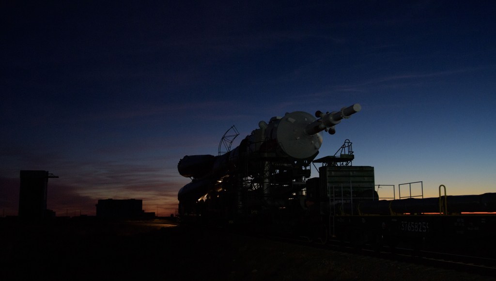 The Soyuz rocket is rolled out by train to the launch pad, Tuesday, Oct. 9, 2018 at the Baikonur Cosmodrome in Kazakhstan. Expedition 57 crewmembers Nick Hague of NASA and Alexey Ovchinin of Roscosmos are scheduled to launch on October 11 and will spend the next six months living and working aboard the International Space Station.
