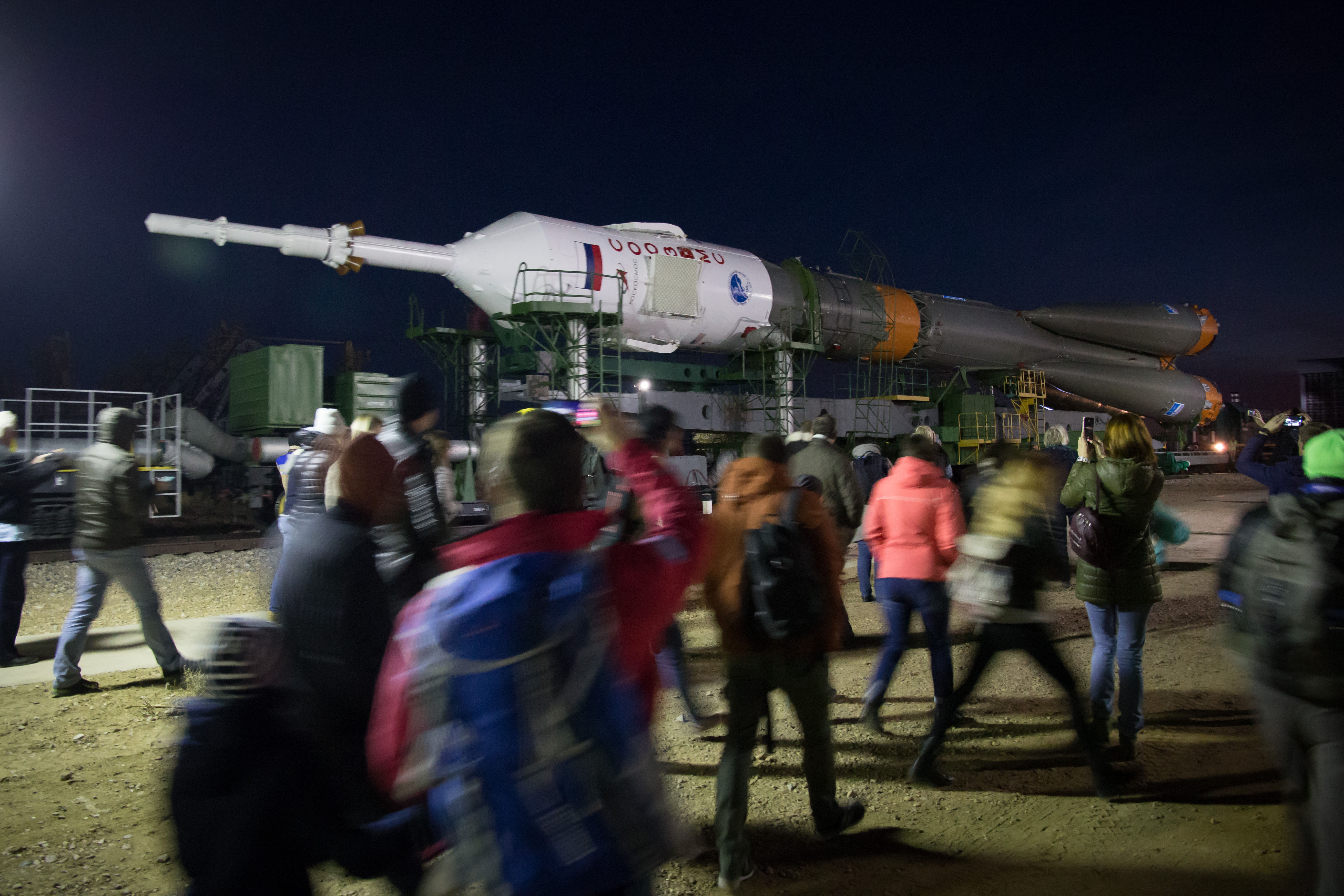 The Soyuz rocket is rolled out by train to the launch pad, Tuesday, Oct. 9, 2018 at the Baikonur Cosmodrome in Kazakhstan. Expedition 57 crewmembers Nick Hague of NASA and Alexey Ovchinin of Roscosmos are scheduled to launch on October 11 and will spend the next six months living and working aboard the International Space Station.