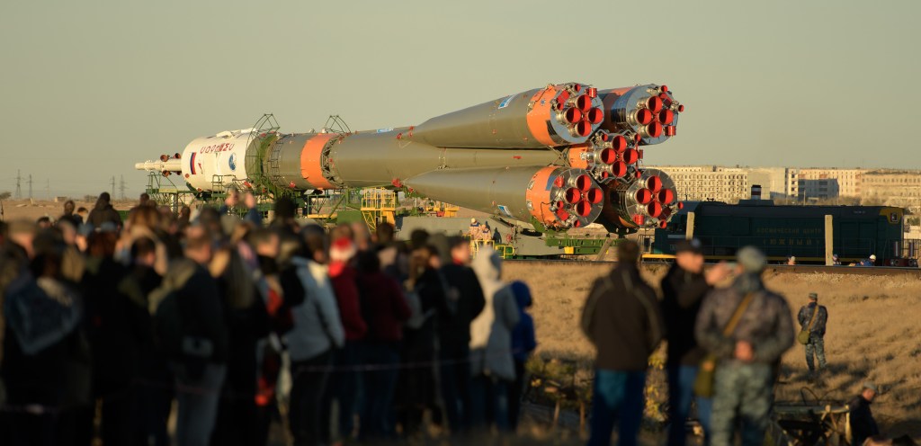 The Soyuz rocket is rolled out by train to the launch pad, Tuesday, Oct. 9, 2018 at the Baikonur Cosmodrome in Kazakhstan. Expedition 57 crewmembers Nick Hague of NASA and Alexey Ovchinin of Roscosmos are scheduled to launch on October 11 and will spend the next six months living and working aboard the International Space Station.