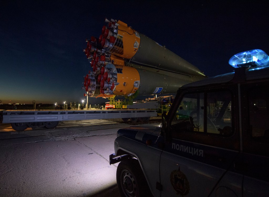 The Soyuz rocket is rolled out by train to the launch pad, Tuesday, Oct. 9, 2018 at the Baikonur Cosmodrome in Kazakhstan. Expedition 57 crewmembers Nick Hague of NASA and Alexey Ovchinin of Roscosmos are scheduled to launch on October 11 and will spend the next six months living and working aboard the International Space Station.