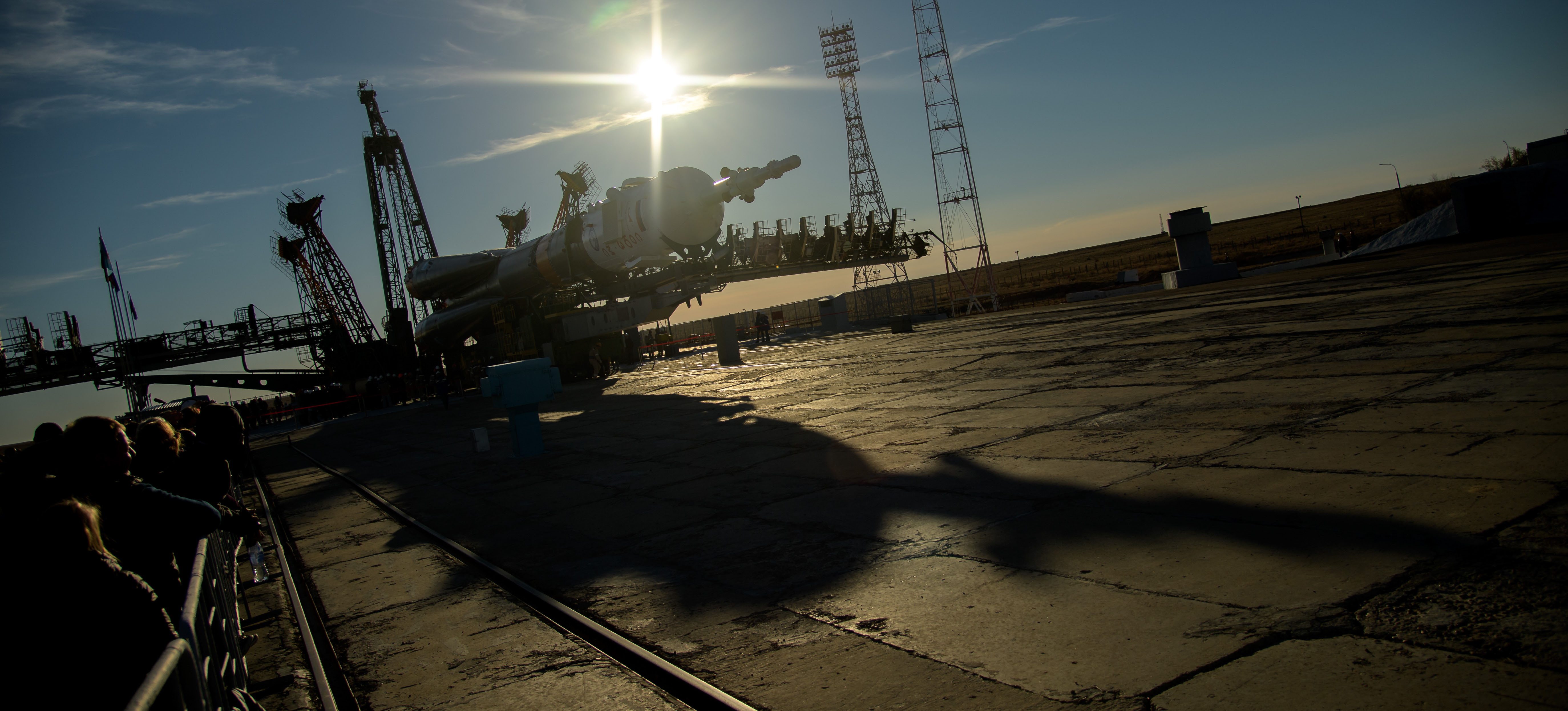 The Soyuz rocket is rolled out by train to the launch pad, Tuesday, Oct. 9, 2018 at the Baikonur Cosmodrome in Kazakhstan. Expedition 57 crewmembers Nick Hague of NASA and Alexey Ovchinin of Roscosmos are scheduled to launch on October 11 and will spend the next six months living and working aboard the International Space Station.