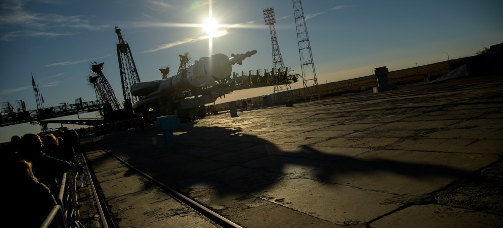 The Soyuz rocket is rolled out by train to the launch pad, Tuesday, Oct. 9, 2018 at the Baikonur Cosmodrome in Kazakhstan. Expedition 57 crewmembers Nick Hague of NASA and Alexey Ovchinin of Roscosmos are scheduled to launch on October 11 and will spend the next six months living and working aboard the International Space Station.