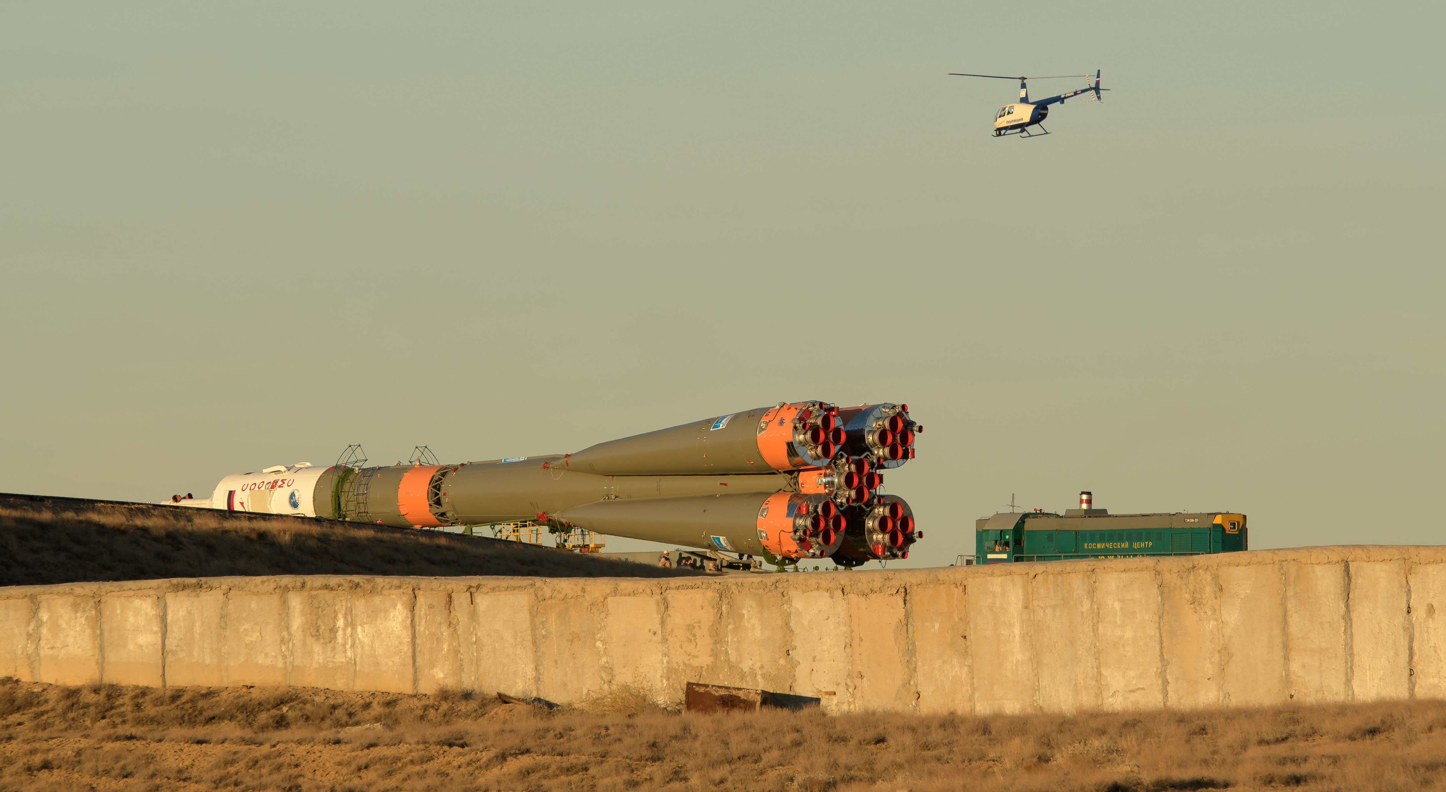 The Soyuz rocket is rolled out by train to the launch pad, Tuesday, Oct. 9, 2018 at the Baikonur Cosmodrome in Kazakhstan. Expedition 57 crewmembers Nick Hague of NASA and Alexey Ovchinin of Roscosmos are scheduled to launch on October 11 and will spend the next six months living and working aboard the International Space Station.