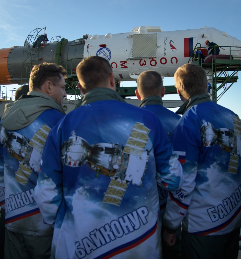 The Soyuz rocket is rolled out by train to the launch pad, Tuesday, Oct. 9, 2018 at the Baikonur Cosmodrome in Kazakhstan. Expedition 57 crewmembers Nick Hague of NASA and Alexey Ovchinin of Roscosmos are scheduled to launch on October 11 and will spend the next six months living and working aboard the International Space Station.