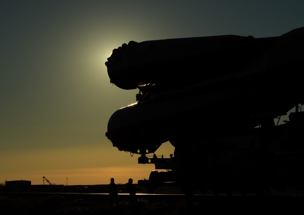 The Soyuz rocket is rolled out by train to the launch pad, Tuesday, Oct. 9, 2018 at the Baikonur Cosmodrome in Kazakhstan. Expedition 57 crewmembers Nick Hague of NASA and Alexey Ovchinin of Roscosmos are scheduled to launch on October 11 and will spend the next six months living and working aboard the International Space Station.