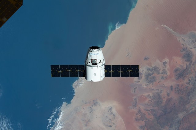iss062e085660 (March 9, 2020) --- The SpaceX Dragon resupply ship is pictured approaching the International Space Station as both spacecraft were soaring on a southeastern orbital track 267 miles above the Atlantic coast of Namibia .