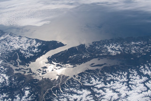 iss062e147381 (March 11, 2020) --- The Strait of Juan de Fuca and the Salish Sea, pictured from the International Space Station, separate the western-most border of the United States and Canada.