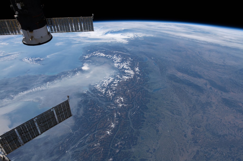 iss057e051220 (Oct. 13, 2018) --- The International Space Station was orbiting 256 miles above central Europe when this photograph was taken of the Swiss Alps mountain range and the Mediterranean coasts of Italy and France.