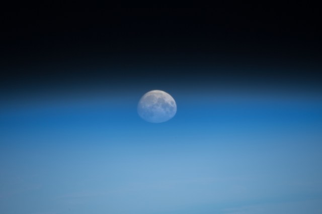 A waxing gibbous moon was pictured above the Earth's limb as the International Space Station orbited over the southern Indian Ocean just southwest of the African continent.