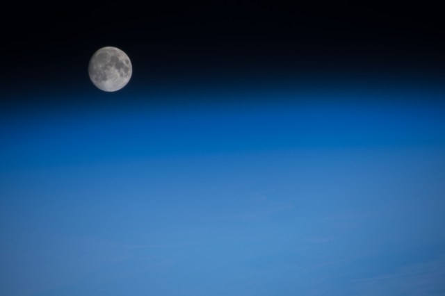 A waxing gibbous Moon was pictured above the Earth's limb as the International Space Station orbited over the southern Indian Ocean just southwest of the African continent.