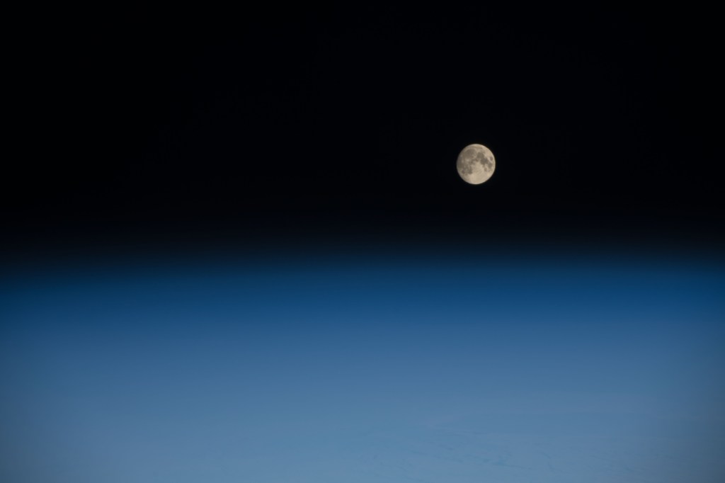 A waxing gibbous moon was pictured above the Earth's limb as the International Space Station orbited over the southern Indian Ocean just southwest of the African continent.