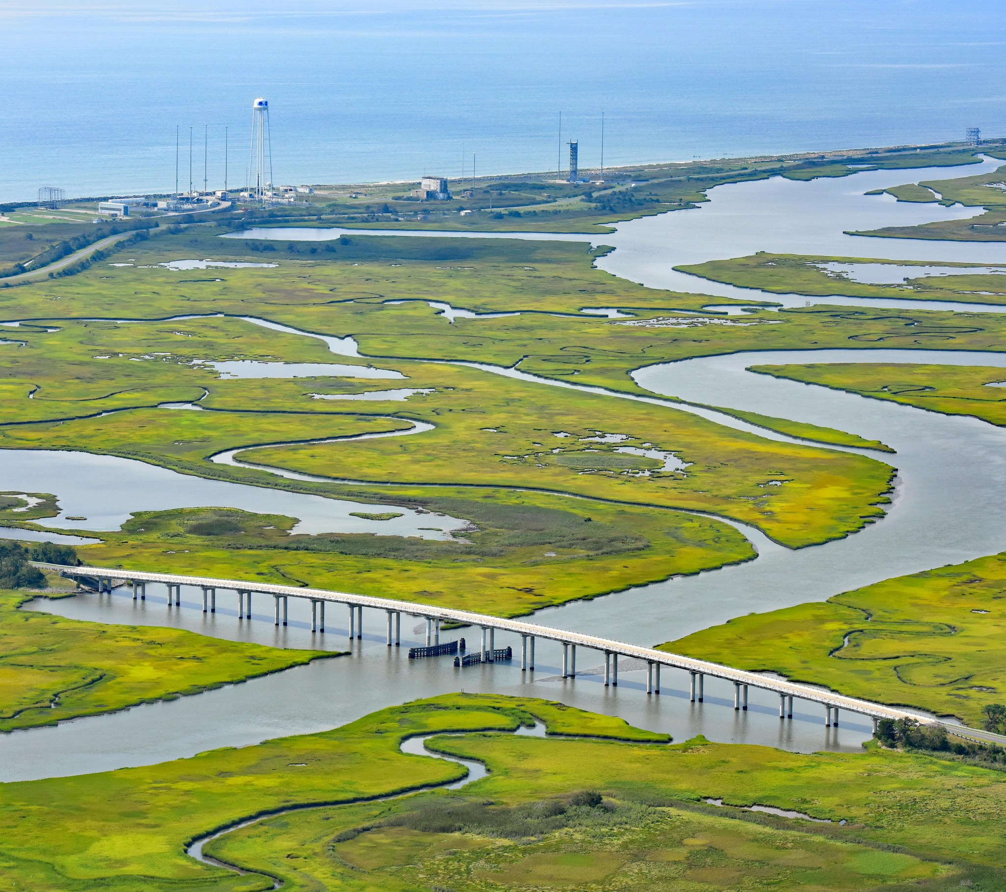 View from south to north of the NASA Wallops Flight Facility causeway and bridge over Cat Creek that runs through wetlands between the Mainland and Wallops Island.