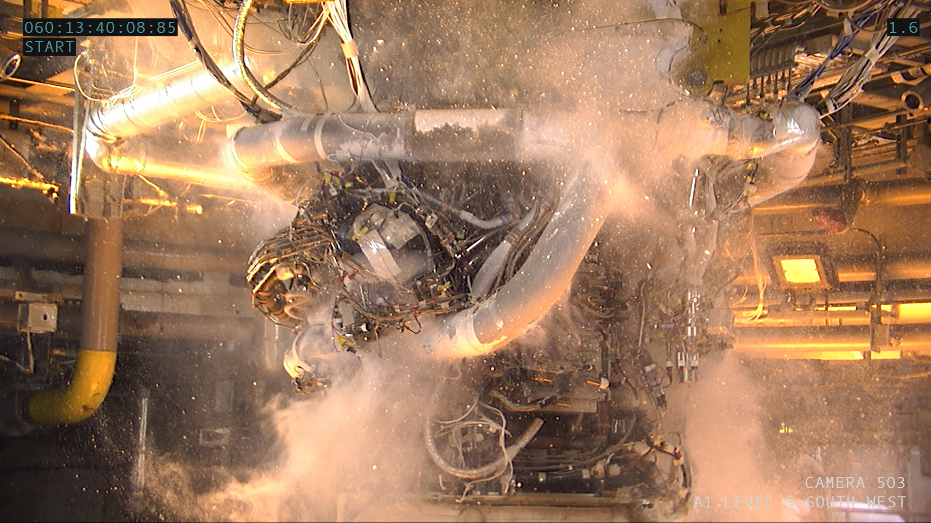 closeup RS-25 engine during a hot fire