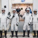 From left to right, Roscosmos cosmonaut Alexander Grebenkin, and NASA astronauts Michael Barratt, Matthew Dominick, and Jeanette Epps, wearing SpaceX spacesuits, are seen as they prepare to depart the Neil A. Armstrong Operations and Checkout Building for Launch Complex 39A during a dress rehearsal prior to the Crew-8 mission launch, Monday, Feb. 26, 2024, at NASA’s Kennedy Space Center in Florida.
