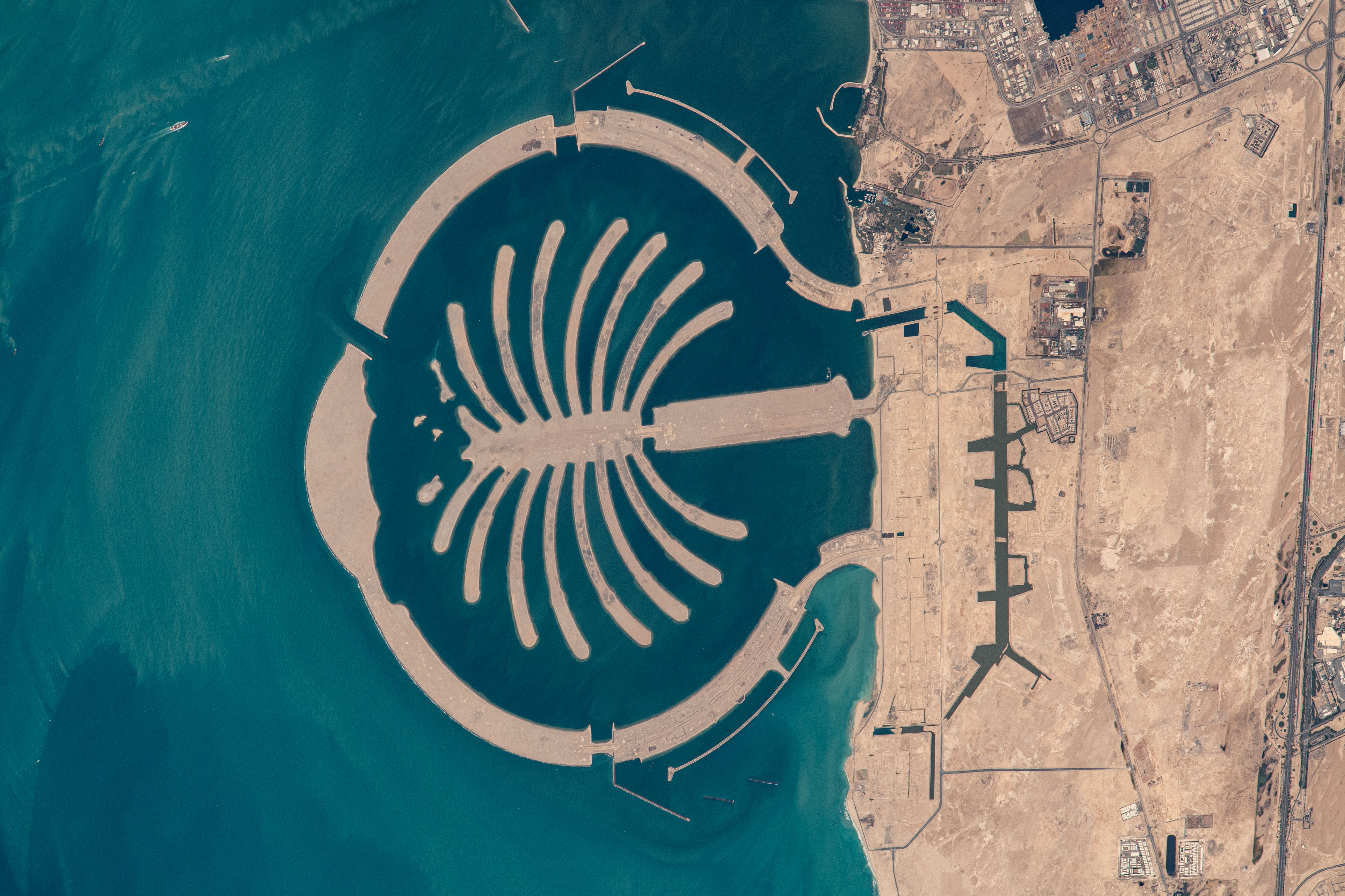 iss070e097892 (Feb. 23, 2024) -- Palm Jebel Ali, one of three artificial islands in Dubai, was photographed from the International Space Station as it was orbiting nearly 260 miles above.