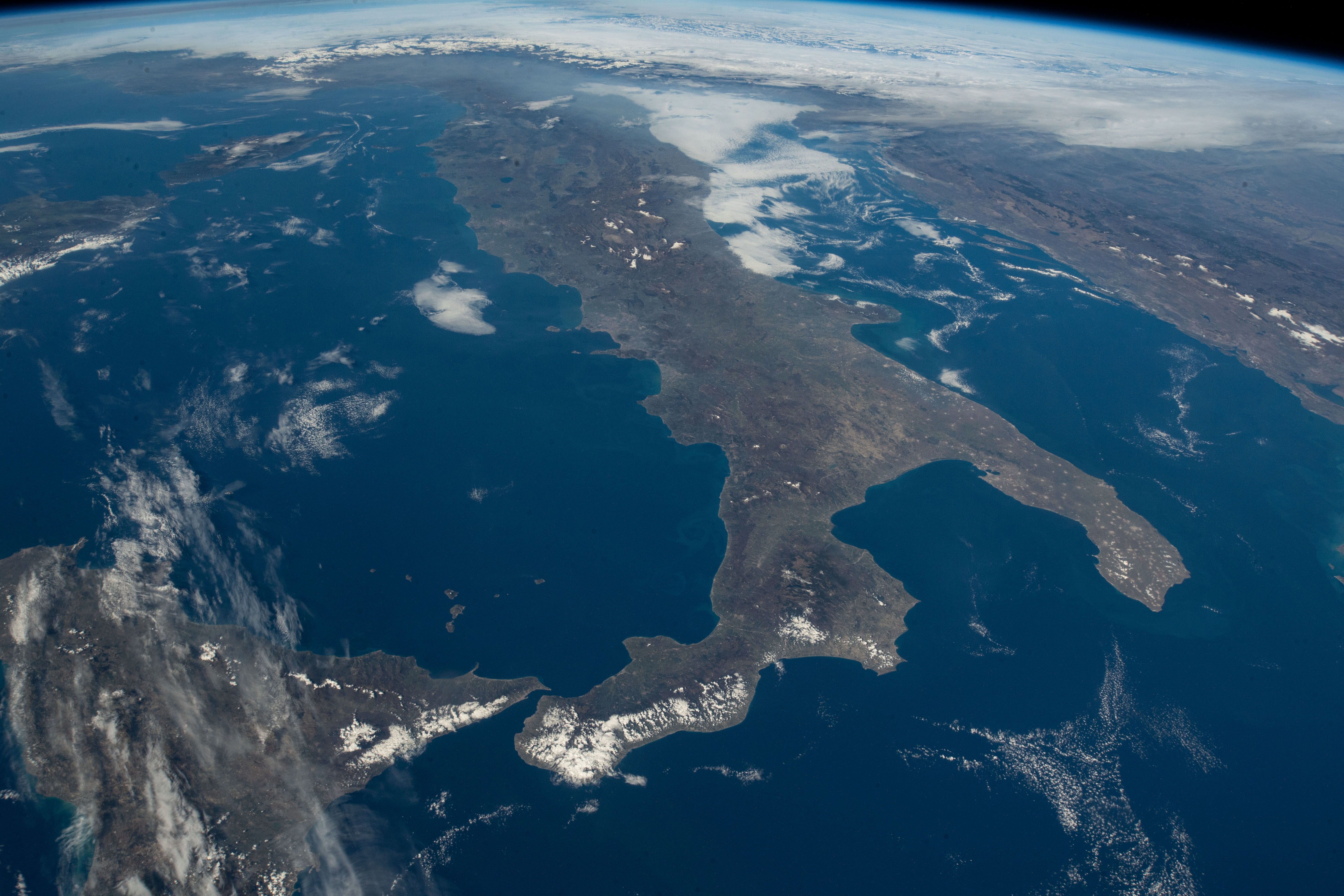 iss070e100467 (Feb. 17, 2024) -- The boot of Italy and the Mediterranean Sea were photographed by NASA astronaut Loral O'Hara as the International Space Station soared 260 miles above.
