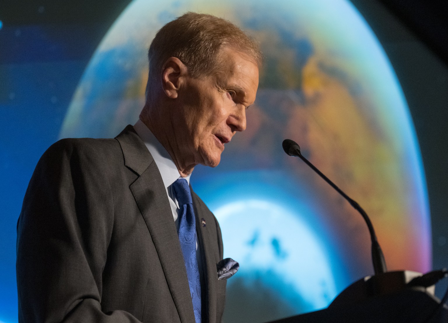 NASA Administrator Bill Nelson discusses the agency’s goals during the annual State of NASA address, Monday, March 11, 2024, at the Mary W. Jackson NASA Headquarters Building in Washington.