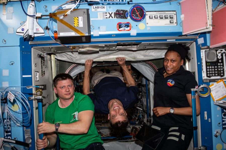 Expedition 70 Flight Engineers (from left) Alexander Grebenkin of Roscosmos, Matthew Dominick, and Jeanette Epps of NASA, pose for a photo together inside the International Space Station's Destiny module. The trio arrived to the station March 5 as part of NASA's Space-X Crew-8 mission, marking their first trip to the orbiting laboratory.