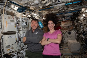 iss070e110706 (March 10, 2024) -- NASA astronauts Michael Barratt and Jasmin Moghbeli pose for a portrait ahead of Crew-7's departure from the International Space Station.