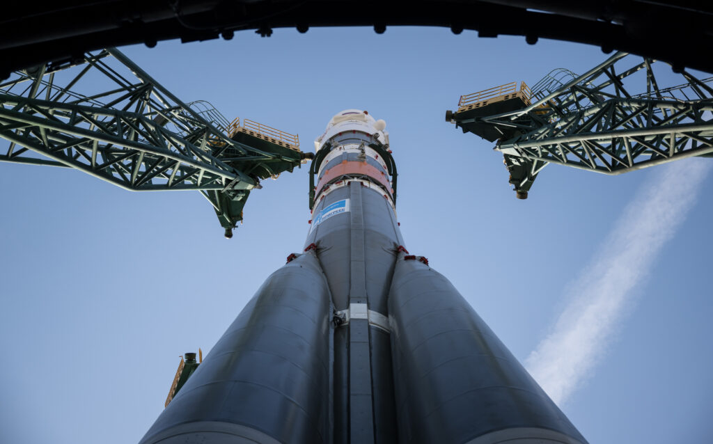The Soyuz rocket is raised vertical Monday, March 18, 2024, at launch pad Site 31 of the Baikonur Cosmodrome in Kazakhstan. Credit: NASA/Bill Ingalls