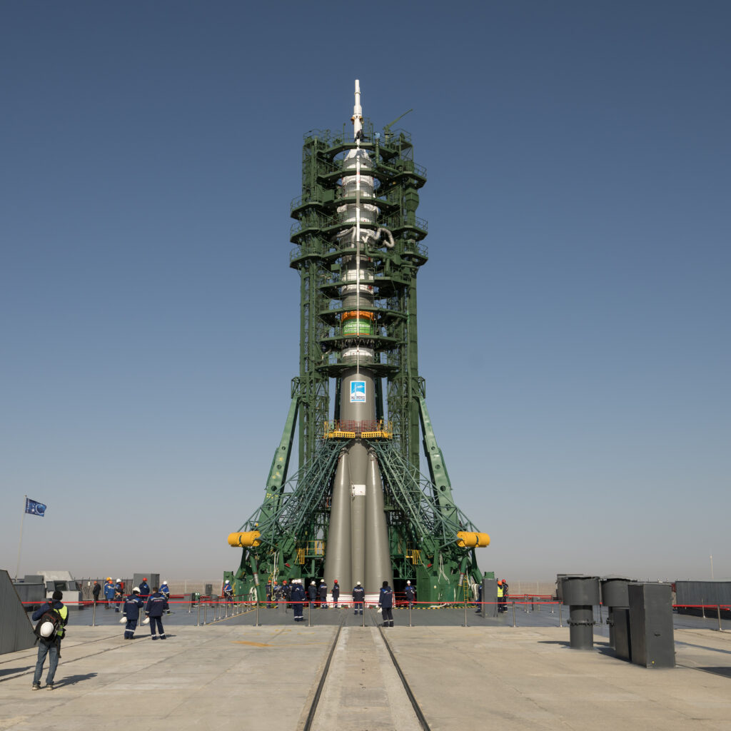 The Soyuz rocket is seen shortly after having been rolled out to launch pad at Site 31, Monday, March 18, 2024, at the Baikonur Cosmodrome in Kazakhstan. Credit: NASA/Bill Ingalls