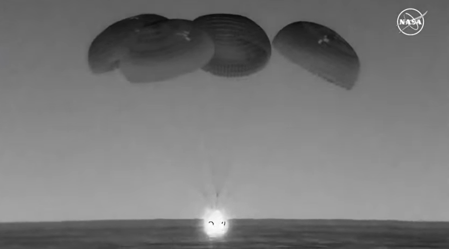 The SpaceX Dragon Endurance spacecraft is seen as it splashes down in the Gulf of Mexico off the coast of Pensacola, Florida, at 5:47 a.m. EDT, returning Crew-7 to Earth.