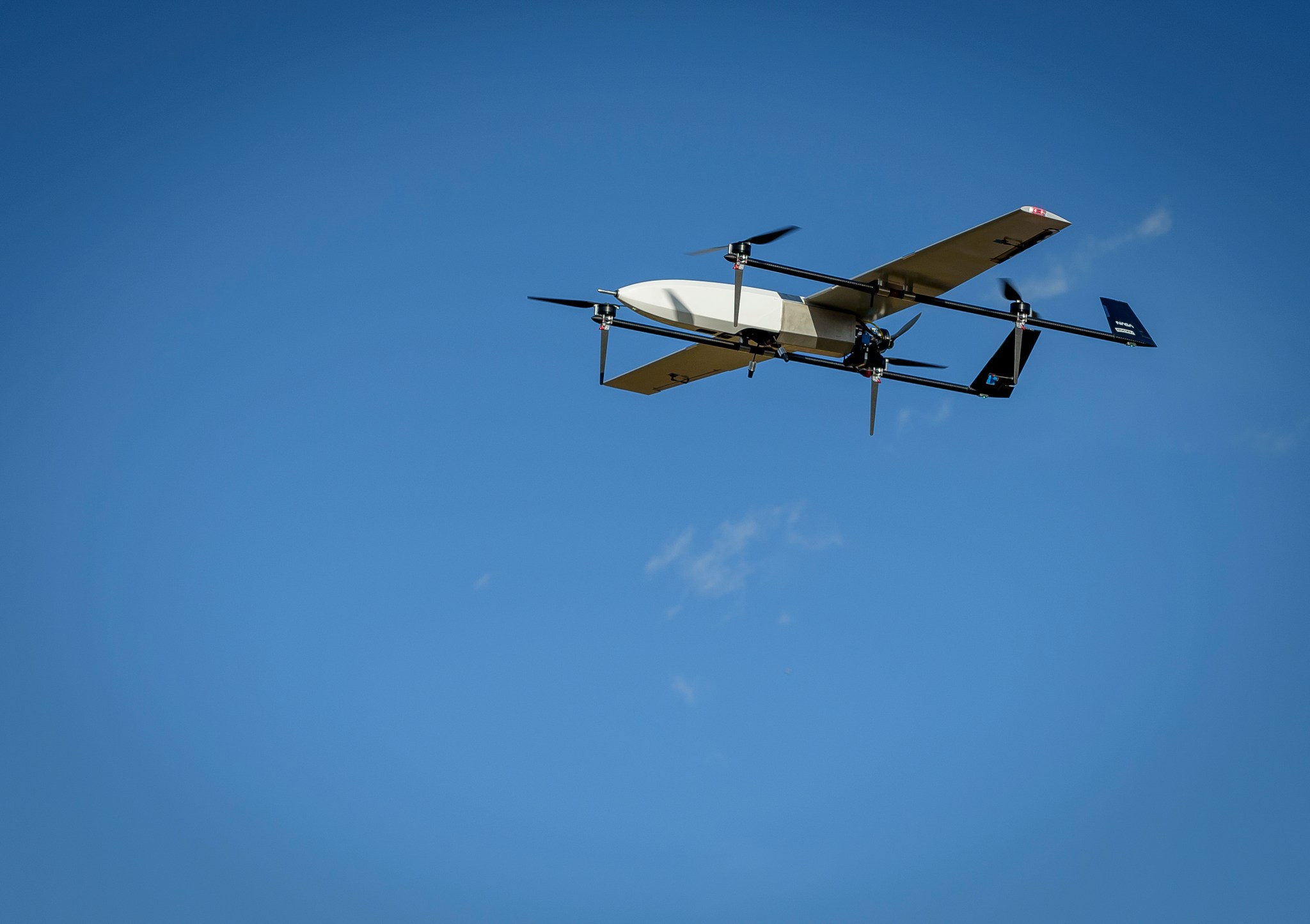 The SuperVolo XL Unmanned Aerial Vehicle (UAV) lifts off at the Monterey Bay Academy Airport near Watsonville, California