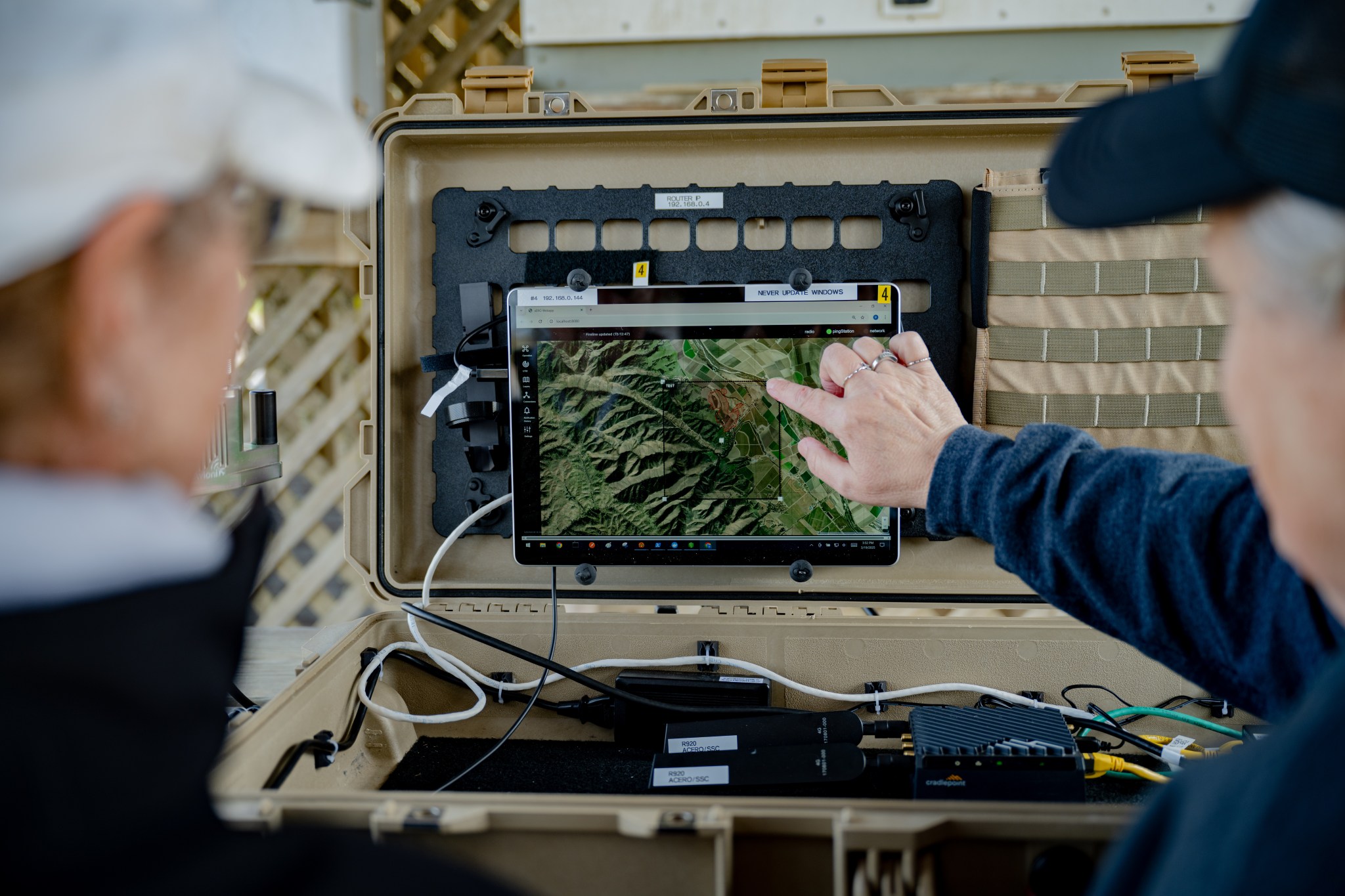 NASA Portable Airspace Management System (PAMS) displays areas of management to test “fire” information sharing, airspace management, communication relay, and aircraft deconfliction capabilities during ACERO's first flight demonstration in Salinas, California in March 2025.
