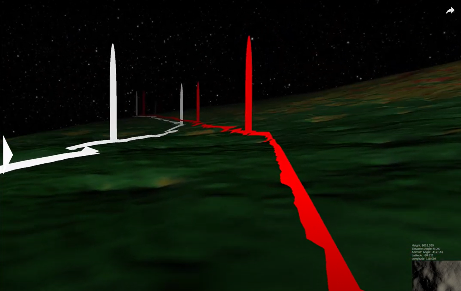A screenshot of an applications submitted to the ADC by a group of students. It displays two lines on a rendered surface, one white, and one red. Both expand out into the distance, with 3 large spikes at various points.