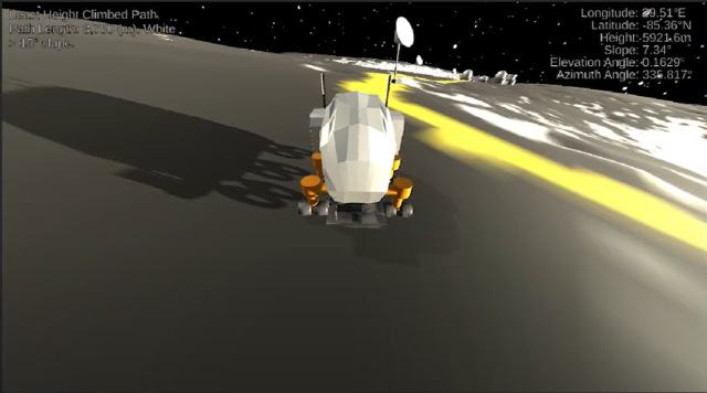 A screenshot of an applications submitted to the ADC by a group of students. There is a low-poly rover in the middle of the picture, following a yellow line on a computer generated moon. There is some UI in the top left and right corner with various positional information.