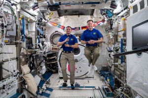 iss060e054187 -- Expedition 60 flight engineers Andrew Morgan and Nick Hague of NASA conduct in-flight interviews on Sept. 5 with television stations located in Pittsburgh, PA where they discuss what it's like living and working on the International Space Station.