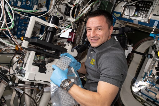 iss060e062282 (Sept. 13, 2019) --- Expedition 60 Flight Engineer Andrew Morgan of NASA conducts research for the Microgravity Crystals investigation that crystallizes a membrane protein that is integral to tumor growth and cancer survival. Results may support the development of cancer treatments that target the protein more effectively and with fewer side effects. Morgan is pictured setting up protein crystal samples for observing and photographing inside a microscope. The samples were then stowed inside a specialized incubator, also known as the Space Automated Bioproduct Laboratory.