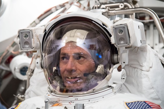 Astronaut Mark Vande Hei trains for a spacewalk at the Johnson Space Center in March of 2017.