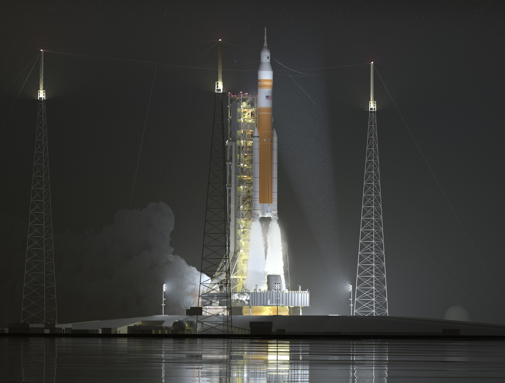 Rappresentazione artistica della configurazione dell'equipaggio del Blocco 1B del razzo Space Launch System (SLS) della NASA durante il decollo per un lancio notturno.